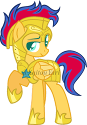 Size: 600x860 | Tagged: safe, artist:t-aroutachiikun, oc, oc:rapid wildfire, pony, base used, male, offspring, parent:flash sentry, parent:sunset shimmer, parents:flashimmer, raised hoof, royal guard, simple background, solo, stallion, transparent background, watermark