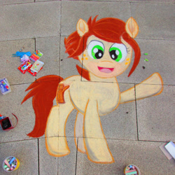 Size: 3445x3445 | Tagged: safe, artist:malte279, derpibooru import, oc, oc:canni soda, earth pony, pony, chalk drawing, galacon, galacon 2018, traditional art