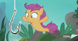 Size: 1280x680 | Tagged: safe, derpibooru import, edit, edited screencap, screencap, scootaloo, seapony (g4), surf and/or turf, 1000 years in photoshop, hook, sea-mcs, seaponified, seapony scootaloo, species swap