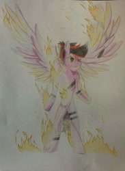 Size: 684x935 | Tagged: safe, artist:thecrimsonspark, derpibooru import, oc, oc:queen aiexos, fire, magic, pyromancer, traditional art, wings