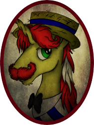 Size: 1859x2456 | Tagged: safe, artist:ancientowl, flam, pony, unicorn, bust, facial hair, hat, looking at you, male, moustache, portrait, solo, stallion, traditional art