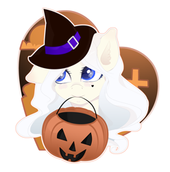 Size: 3927x3956 | Tagged: safe, artist:xsatanielx, derpibooru import, oc, oc only, oc:delphinium, bust, female, halloween, holiday, jack-o-lantern, pumpkin, rcf community, solo