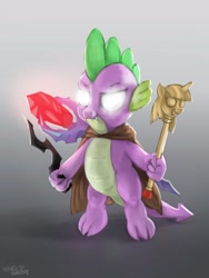 Size: 1200x1600 | Tagged: safe, artist:hardbrony, derpibooru import, spike, dragon, bloodstone scepter, broken horn, cape, clothes, glowing eyes, horn, implied chrysalis, male, scepter, solo, twilight scepter