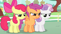 Size: 1280x720 | Tagged: safe, derpibooru import, screencap, apple bloom, scootaloo, sweetie belle, earth pony, pegasus, pony, unicorn, flight to the finish, confident, cutie mark crusaders, female, fence, filly, house, trio, trio female