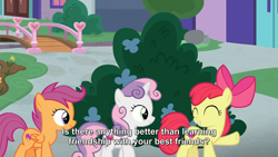 Size: 1280x720 | Tagged: safe, derpibooru import, screencap, apple bloom, scootaloo, sweetie belle, pony, marks for effort, cutie mark crusaders, female, filly, school of friendship, subtitles