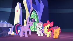 Size: 1920x1080 | Tagged: safe, derpibooru import, screencap, apple bloom, scootaloo, sweetie belle, twilight sparkle, twilight sparkle (alicorn), alicorn, earth pony, pegasus, pony, unicorn, surf and/or turf, booty call, cutie mark crusaders, eyes closed, female, filly, glowing cutie mark, mare, raised hoof