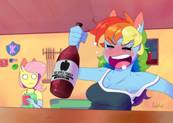 Size: 1600x1137 | Tagged: safe, artist:0ndshok, derpibooru import, fluttershy, rainbow dash, anthro, alcohol, apple cider, armpits, blushing, drunk, drunker dash