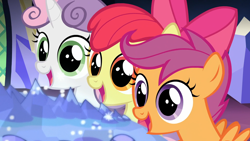 Size: 1920x1080 | Tagged: safe, derpibooru import, screencap, apple bloom, scootaloo, sweetie belle, earth pony, pegasus, pony, unicorn, surf and/or turf, adorabloom, cute, cutealoo, cutie mark crusaders, diasweetes, female, filly, mare, open mouth, wide eyes