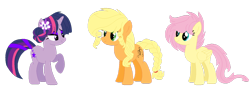 Size: 1024x358 | Tagged: safe, artist:bezziie, derpibooru import, applejack, fluttershy, twilight sparkle, earth pony, pegasus, pony, alternate cutie mark, alternate hairstyle, simple background, transparent background