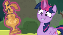 Size: 1920x1080 | Tagged: safe, derpibooru import, screencap, twilight sparkle, twilight sparkle (alicorn), alicorn, pony, surf and/or turf, adorkable, cute, discovery family logo, dork, faic, female, lip bite, mare, trophy, twiabetes