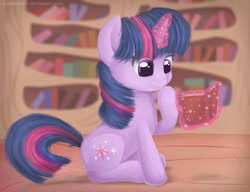 Size: 1005x772 | Tagged: safe, artist:kotyasha13, derpibooru import, twilight sparkle, unicorn twilight, unicorn, book, female, golden oaks library, levitation, magic, solo, telekinesis