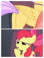 Size: 3106x4096 | Tagged: safe, derpibooru import, edit, edited screencap, screencap, apple bloom, classical hippogriff, earth pony, hippogriff, pony, surf and/or turf, bow, cutie mark, female, filly, hair bow, out of context, plot, the cmc's cutie marks, thinking