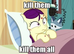 Size: 601x441 | Tagged: safe, edit, edited screencap, screencap, boysenberry, pony, a flurry of emotions, cute, female, filly, horsey hives, image macro, meme, plushie, ponyville hospital, sick, solo