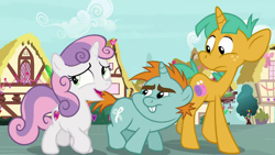 Size: 1280x720 | Tagged: safe, derpibooru import, screencap, snails, snips, sweetie belle, pony, the break up breakdown, colt, female, filly, male, trio