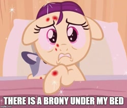 Size: 591x500 | Tagged: safe, boysenberry, pony, a flurry of emotions, brony, floppy ears, horsey hives, image macro, meme, monster under the bed, solo