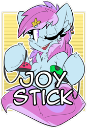 Size: 1280x1868 | Tagged: safe, artist:bbsartboutique, derpibooru import, oc, oc only, oc:joy stick, badge, con badge, joycon, one eye closed, simple background, solo, transparent background, wink