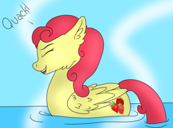 Size: 996x741 | Tagged: safe, artist:monsoonvisionz, derpibooru import, strawberry sunrise, pegasus, pony, behaving like a bird, behaving like a duck, eyes closed, female, mare, open mouth, pegaduck, quack, solo, swimming, water, ych result