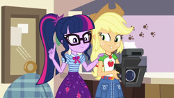 Size: 1280x720 | Tagged: safe, derpibooru import, screencap, applejack, sci-twi, twilight sparkle, better together, equestria girls, outtakes (episode), camera, duo, female, paw prints