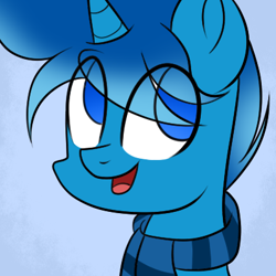 Size: 400x400 | Tagged: safe, artist:mintoria, derpibooru import, oc, oc only, oc:blue dye, pony, unicorn, blue background, bust, clothes, male, portrait, scarf, simple background, solo, stallion