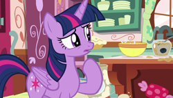 Size: 1280x720 | Tagged: safe, derpibooru import, screencap, twilight sparkle, twilight sparkle (alicorn), alicorn, secrets and pies, bowl, confused, cute, solo, sugarcube corner, twiabetes