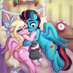 Size: 5000x5000 | Tagged: safe, artist:wickedsilly, derpibooru import, oc, oc only, oc:andrew swiftwing, oc:bay breeze, cat, pegasus, pony, absurd resolution, alarm clock, bed, blushing, book, bookshelf, bow, clock, couple, cuddling, cute, eyes closed, female, glare, hair bow, male, mare, neck bow, oc x oc, one eye closed, pillow, plot, shipping, smiling, snuggling, stallion, stars, straight, swiftbreeze, tail bow, wings