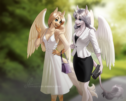 Size: 1000x804 | Tagged: safe, artist:aonikaart, derpibooru import, oc, oc only, oc:amber, oc:valinye, alicorn, anthro, pegasus, alicorn oc, anthro oc, breasts, cleavage, clothes, dress, duo, female, leonine tail, mare, purse, scenery, talking