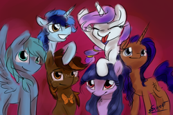 Size: 1800x1200 | Tagged: safe, artist:elisdoominika, derpibooru import, oc, oc only, oc:cosmia nebula, oc:fahu, oc:thinker blue, oc:timea, oc:twinkle poonam, earth pony, pegasus, pony, unicorn, friendship, group shot, hug, tongue out