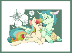 Size: 1200x892 | Tagged: safe, artist:broohan, oc, oc only, oc:boston fern, oc:iris, pegasus, pony, egg, eyes closed, female, lesbian, mare, oc x oc, offspring, offspring's offspring, parent:oc:princess iridescence, parent:oc:prism bolt, parent:oc:rosemary, parent:oc:turquoise blitz, parents:oc x oc, prone, shipping