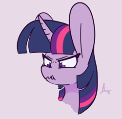 Size: 846x825 | Tagged: safe, artist:loneless-art, derpibooru import, twilight sparkle, pony, bust, female, horn, mare, scrunchy face, signature, simple background, solo, twilight is not amused, unamused