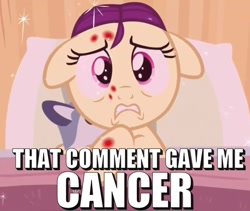 Size: 747x631 | Tagged: safe, edit, edited screencap, screencap, boysenberry, a flurry of emotions, cute, female, filly, floppy ears, horsey hives, image macro, meme, plushie, scared, solo, text