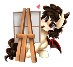 Size: 2569x2386 | Tagged: safe, artist:pridark, oc, oc only, oc:free dark, bat pony, pony, easel, heart, painting, simple background, solo, transparent background