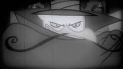 Size: 1280x720 | Tagged: safe, derpibooru import, screencap, gustave le grande, griffon, mmmystery on the friendship express, season 2, cape, clothes, dastardly whiplash, film grain, grayscale, monochrome, solo