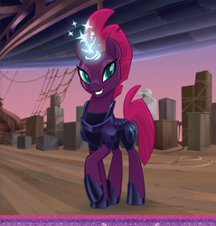 Size: 750x783 | Tagged: safe, derpibooru import, tempest shadow, pony, unicorn, my little pony: the movie, airship, broken horn, cute, eye scar, female, magic, mare, pretty pretty tempest, raised hoof, scar, solo, sparking horn, sparkles, tempestbetes, we are unicorns