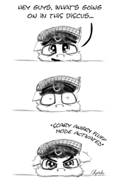 Size: 900x1341 | Tagged: safe, artist:chopsticks, derpibooru import, oc, oc only, oc:chopsticks, pegasus, pony, angry, clothes, comic, cute, hat, i'm not cute, monochrome, sketch, solo, text