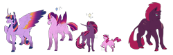 Size: 9368x3000 | Tagged: safe, artist:lu-le-ma, derpibooru import, tempest shadow, twilight sparkle, twilight sparkle (alicorn), alicorn, classical unicorn, horse, pony, unicorn, my little pony: the movie, absurd resolution, cloven hooves, colored hooves, curved horn, family, female, hoers, leonine tail, lesbian, magical lesbian spawn, offspring, parent:tempest shadow, parent:twilight sparkle, parents:tempestlight, rainbow power, shipping, simple background, tempestlight, transparent background, unshorn fetlocks