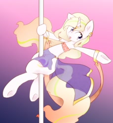 Size: 1874x2048 | Tagged: safe, artist:akainu_pony, derpibooru import, oc, oc:dusk fall, unicorn, accessories, clothes, female, mare, pole dancing, see-through, solo, stripper pole