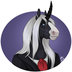 Size: 1000x1001 | Tagged: safe, artist:hedja, derpibooru import, oc, oc only, oc:raeshlavik, anthro, unicorn, anthro oc, bust, clothes, male, simple background, solo, suit, transparent background