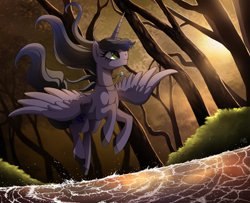 Size: 1024x832 | Tagged: safe, artist:ruhje, derpibooru import, oc, oc only, oc:aurora, alicorn, pony, alicorn oc, color porn, colored hooves, female, flying, jewelry, mare, necklace, smiling, solo, spread wings, tree, water, windswept mane, wings