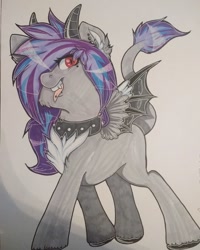 Size: 1080x1350 | Tagged: safe, artist:annuthecatgirl, derpibooru import, oc, oc only, oc:melody silver, dracony, collar, commission, ear piercing, horns, lip piercing, looking at you, piercing, solo, tongue piercing, traditional art