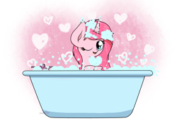 Size: 2048x1536 | Tagged: safe, artist:kimjoman, derpibooru import, oc, oc only, oc:rosa flame, pony, bath, bathtub, bubble, cute, female, heart, heart eyes, looking at you, one eye closed, smiling, solo, wet, wingding eyes, wink