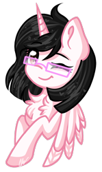 Size: 598x1002 | Tagged: safe, artist:sketchyhowl, oc, oc only, oc:bella heart, alicorn, pony, alicorn oc, bust, chest fluff, female, glasses, mare, one eye closed, simple background, solo, transparent background, wink
