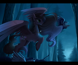 Size: 1024x855 | Tagged: safe, artist:ruhje, derpibooru import, oc, oc only, oc:aurora, alicorn, bird, pony, alicorn oc, beautiful, color porn, ethereal mane, forest, night, scenery, scenery porn, spread wings, wings