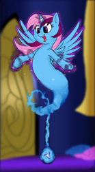 Size: 1010x1811 | Tagged: safe, artist:silver1kunai, oc, oc only, oc:parcly taxel, alicorn, genie pony, pony, albumin flask, alicorn oc, art trade, bottle, canterlot castle, cute, female, genie, horn ring, magic, mare, smiling, smoke, sparkles, spread wings, swirls, wings, wish