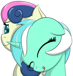 Size: 1635x1682 | Tagged: safe, artist:datapony, bon bon, lyra heartstrings, sweetie drops, earth pony, pony, unicorn, eyes closed, female, happy, lesbian, lyrabon, mare, shipping, simple background, tongue out, transparent background