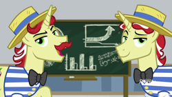 Size: 1920x1080 | Tagged: safe, derpibooru import, screencap, flam, flim, friendship university, chalkboard, flim flam brothers