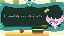 Size: 1280x720 | Tagged: safe, edit, edited screencap, screencap, princess flurry heart, pony, a flurry of emotions, a thousand nights in a hallway, diaper, discovery family logo, flurry art, flurry heart's chalkboard, funny because it's true, harsh truth, killjoy, meme, savage, solo, the emperor has no clothes, truth