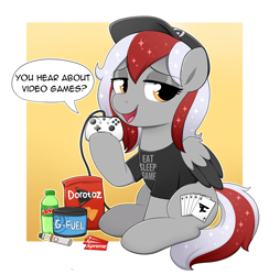 Size: 3780x3873 | Tagged: safe, artist:moozua, derpibooru import, oc, oc:royal flush, pegasus, pony, chips, clothed ponies, controller, ctrl alt del, doritos, faze clan, female, food, g-fuel, high roller pony con, mare, meme, mountain dew, sbubby, sitting, solo, supreme, vape, vape pen, xbox