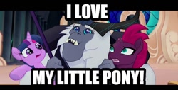 Size: 600x305 | Tagged: safe, edit, edited screencap, screencap, storm king, tempest shadow, twilight sparkle, twilight sparkle (alicorn), alicorn, pony, unicorn, my little pony: the movie, broken horn, brony, female, holding a pony, horn, hug, image macro, in-universe brony, mare, meme, title drop