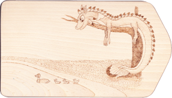 Size: 2800x1601 | Tagged: safe, artist:malte279, derpibooru import, oc, oc:empyrea, dragon, duck, craft, dragoness, duckling, female, pen and paper rpg, pyrography, traditional art