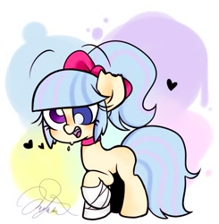 Size: 850x868 | Tagged: safe, artist:oc_ponys, derpibooru import, oc, oc only, abstract background, bandage, bow, choker, cross-eyed, derp, female, heart, heterochromia, mare, raised hoof, solo, torn ear
